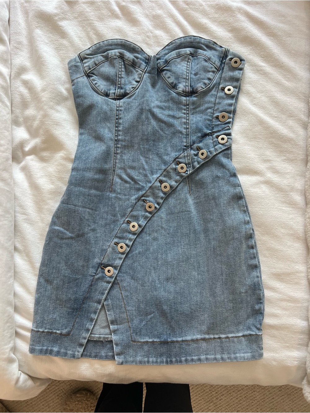 Kittenish Denim Strapless Button-Accent Mini Dress